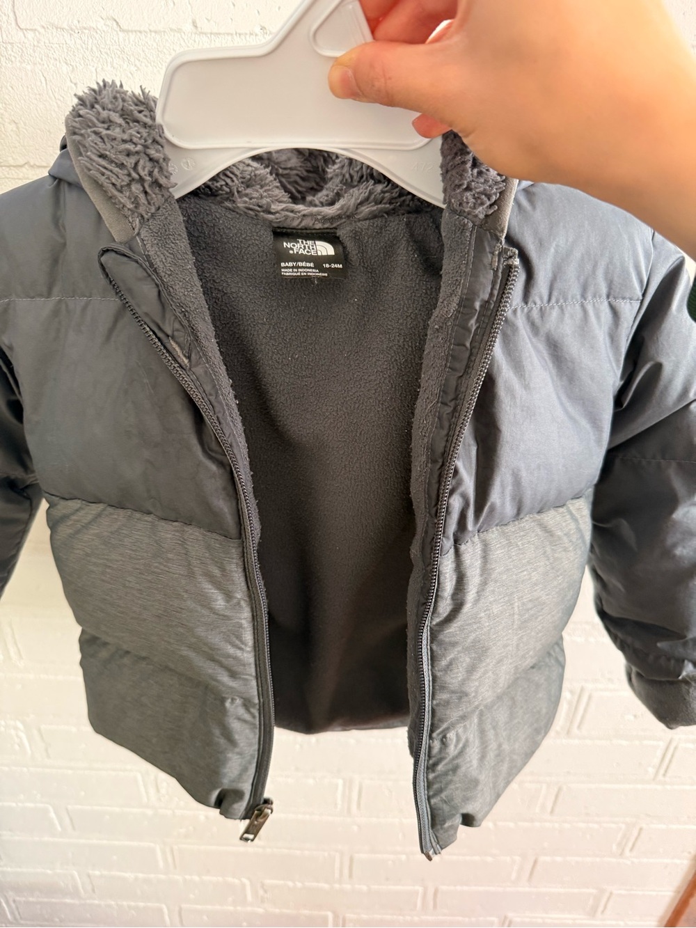 The North Face Toddler Two-Tone Gray Puffer Jacket with Sherpa Hood